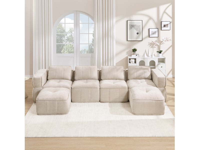 Canapé modulable en u 4 places avec 2 poufs, en polyester beige - Conforama B