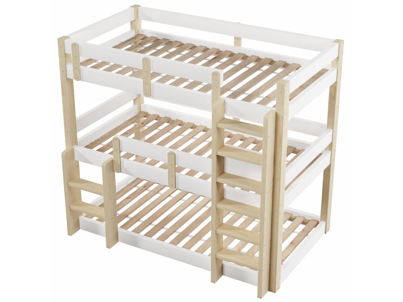 Lit superposé triple blanc et naturel 90x190 cm, enfants, ados et adultes - Conforama E