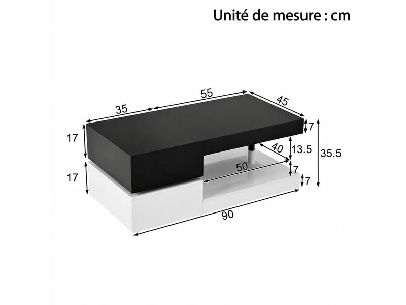  Table basse noire et blanche brillante avec éclairage led, 90 x 45 x 35,5 cm  - Conforama C