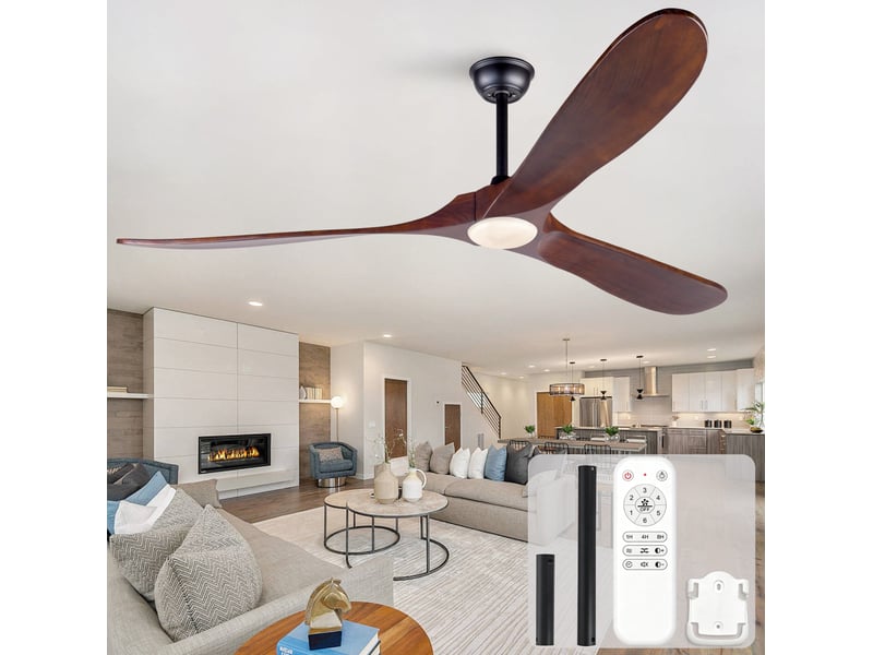  Ventilateur de plafond 70 pouces avec led, télécommande, 6 vitesses, moteur dc silencieux, noir et bois foncé  - Conforama B