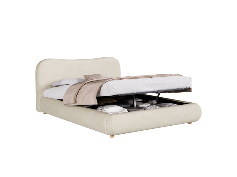 Lit coffre, lit rembourré 160x200 cm beige en chenille tête de lit - Conforama A