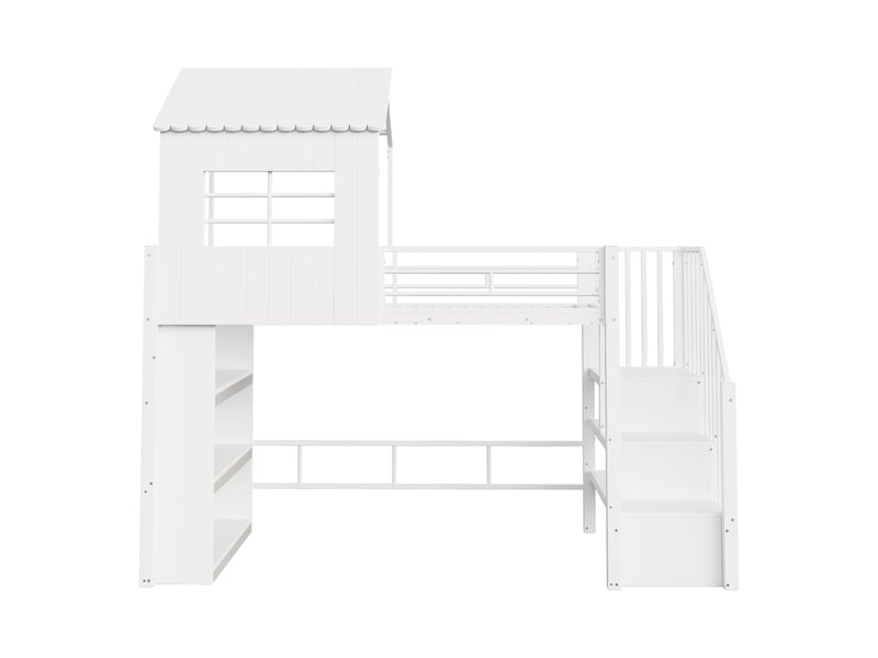 Lit mezzanine maisonnette métal blanc 90x200 cm, barrière haute, étagères et escalier réversible - Conforama A