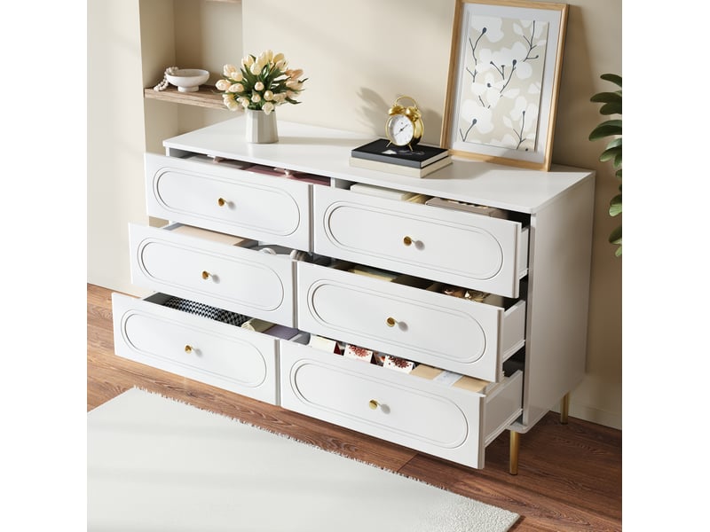 Buffet bas blanc 6 tiroirs avec pieds et poignées en métal, 120 x 40 x 75 cm - Conforama C