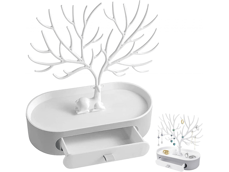  Présentoir à bijoux, blanc arbre à bijoux 3 in1 porte bijoux avec tiroir jewelry stand rangement, présentoir pour bijoux en bois de cerf  - Conforama A