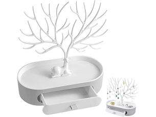 Présentoir à bijoux, blanc arbre à bijoux 3 in1 porte bijoux avec tiroir jewelry stand rangement, présentoir pour bijoux en bois de cerf