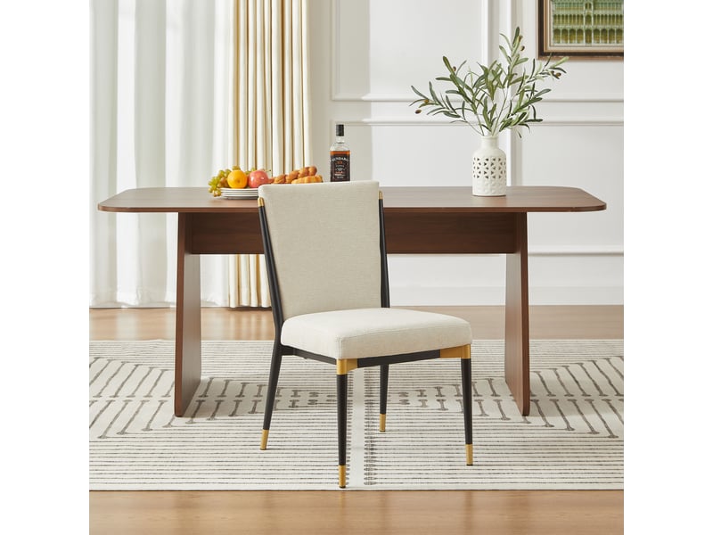  Lot de 2 chaises de salle à manger style scandinave, assise rembourrée en tissu crème, pieds noirs et dorés réglables en hauteur, beige  - Conforama D