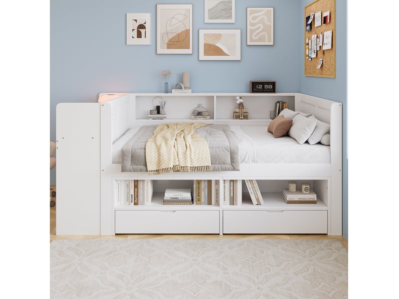  Lit combiné modenvie 120 x 200 cm avec bureau, rangement, 2 tiroirs et niches blanc  - Conforama D