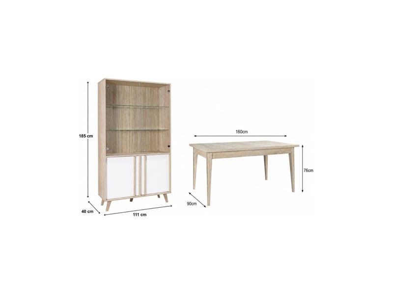  Salle à manger complète malmo avec table 160 cm et vitrine led – chêne clair et blanc – style scandinave  - Conforama C