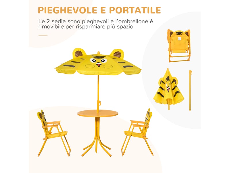  Ensemble de jardin 4 pièces pour enfants comprenant 2 chaises, un parasol et une table ronde, en tissu oxford acier et jaune.  - Conforama E