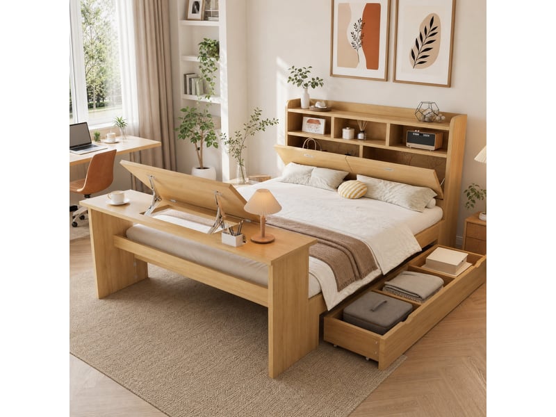  Lit enfant 2 places 140×200 cm avec tiroir, étagères et table rabattable - okmyhome- bois naturel, sans matelas  - Conforama B