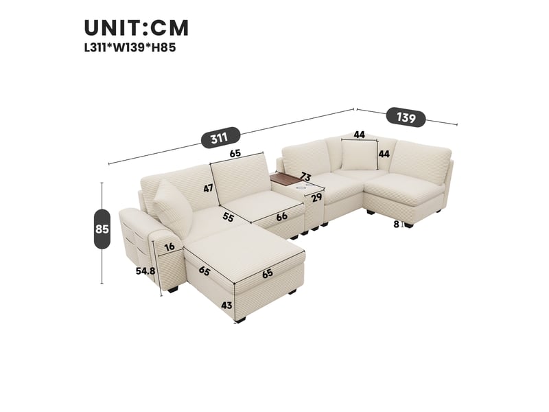  Canapé d'angle modulable 6 places en velours côtelé beige, 311 x 139 x 85 cm, forme en u, avec rangement, ports usb et usb-c, porte-gobelets CARDUME ESTIVAL - Conforama C