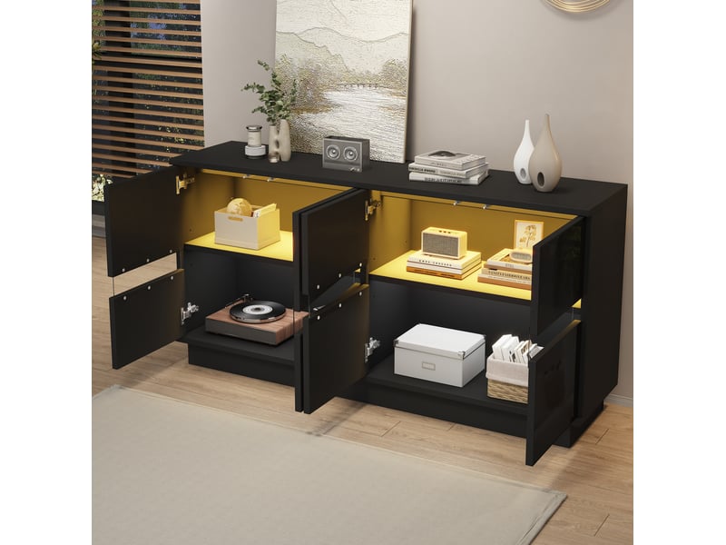  Buffet bas 140x35x70 cm avec éclairage led, 4 portes en panneau de particules couleur noir, moderne  - Conforama B