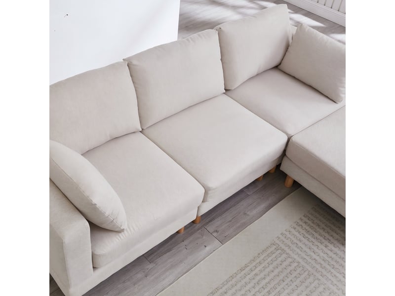  Canapé d'angle modulable 3 places avec pouf, tissu polyester beige, structure bois massif, design nordique moderne pour salon  - Conforama D