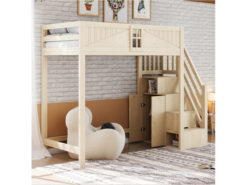 Lit mezzanine 90 x 200 cm en bois, échelle latérale réversible avec rangement - Conforama B
