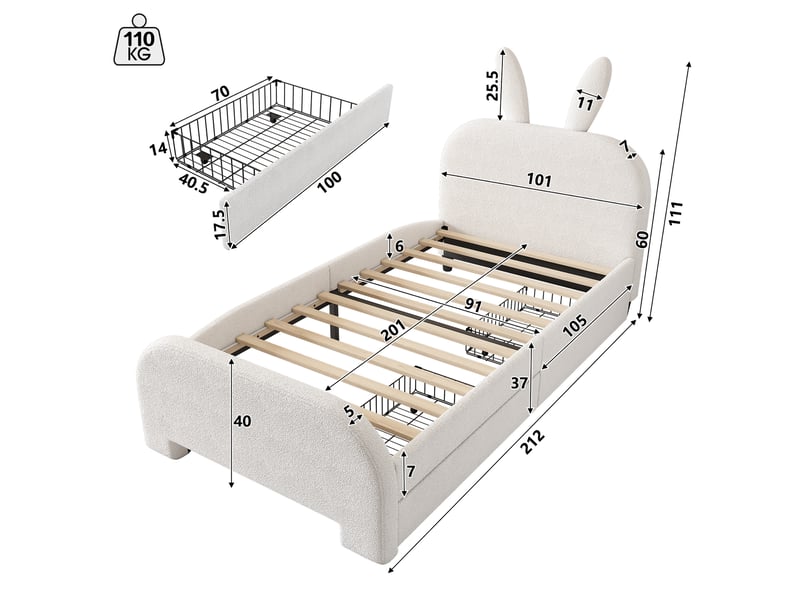  Lit enfant 90x200 cm à tête de lit lapin avec 2 tiroirs, blanc  - Conforama E