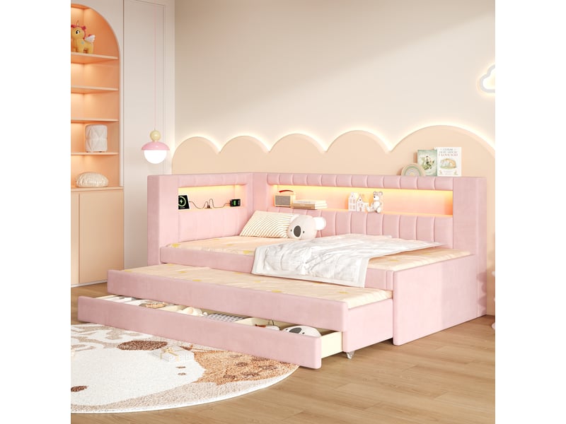  Lit tiroir gigogne 90x200 cm, 3 tiroirs, led 7 couleurs, ports usb, tissu lin blanc, sans matelas  - Conforama B