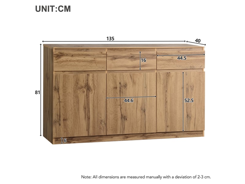  Buffet effet bois naturel 3 portes et 3 tiroirs 135x40x81cm  - Conforama E