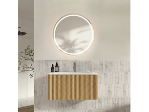 Meuble sous vasque mural avec 1 tiroir, vasque intégrée et miroir led antibuée réglable pour salle de bain finition chêne