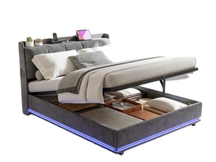 Lit double 160×200 – lit coffre –  éclairage led rgb – port usbtype‑c et électriques  –  sommier à lattes – velours gris