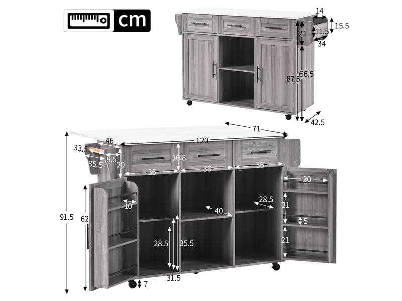  Îlot de cuisine gris avec plateau rabattable et effet marbre blanc, chariot de service avec rangement, 139x46x91.5 cm  - Conforama W