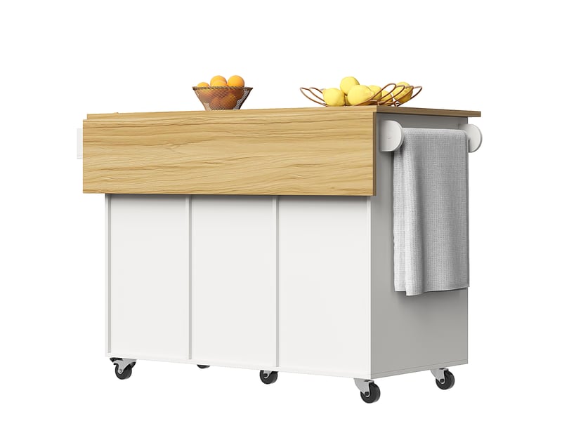 Îlot de cuisine 124x40x85.3cm, desserte avec 2 portes, 3 tiroirs, casier à vin, plateau pliable, mdf blanc  - Conforama C