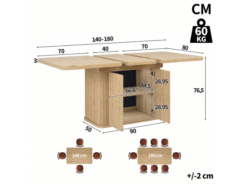  Table à manger extensible 140-180 cm avec rangement caché, finition bois clair  - Conforama C