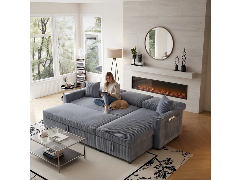 Canapé d'angle l 207.5x142x84.5 cm - 3 places - convertible - rangement - modulaire - méridienne - tissu côtelé - gris CozyNest - Conforama D