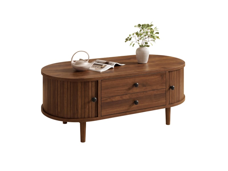  Table basse ovale noyer avec 2 tiroirs et portes coulissantes rainurees, rangement ferme, pieds en bois 100x50x40 cm  - Conforama A