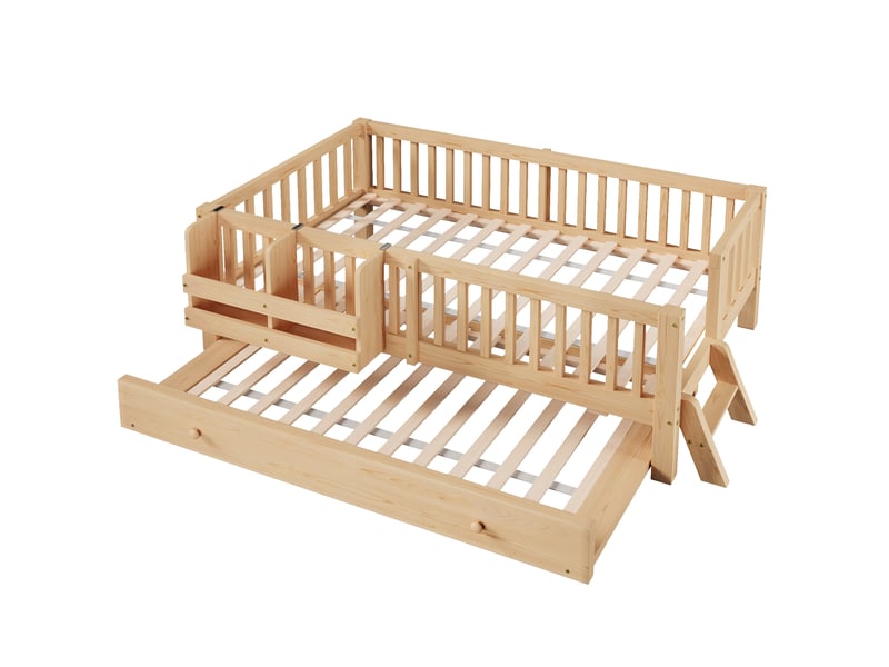 Lit simple 90x200 cm avec lit gigogne et étagères lit banquette avec tête de lit rangement en bois massif mdf bois naturel Bubbly - Conforama D