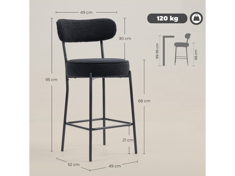  Tabourets de bar lot de 2 avec repose-pieds - lpospi - cadre métal, polyester noir 59,0×38,0×64,0 cm  - Conforama D