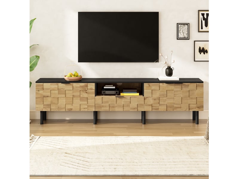  Meuble tv ulevr avec rangement 170 cm, 2 portes, tiroir, niche ouverte et passe-câbles, panneau de particules naturel et noir  - Conforama D
