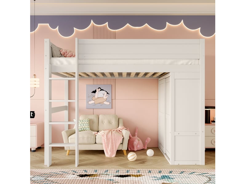  Modenvie lit mezzanine enfant 90x200 cm - avec armoire et rangement intégré, sans matelas - blanc  - Conforama E