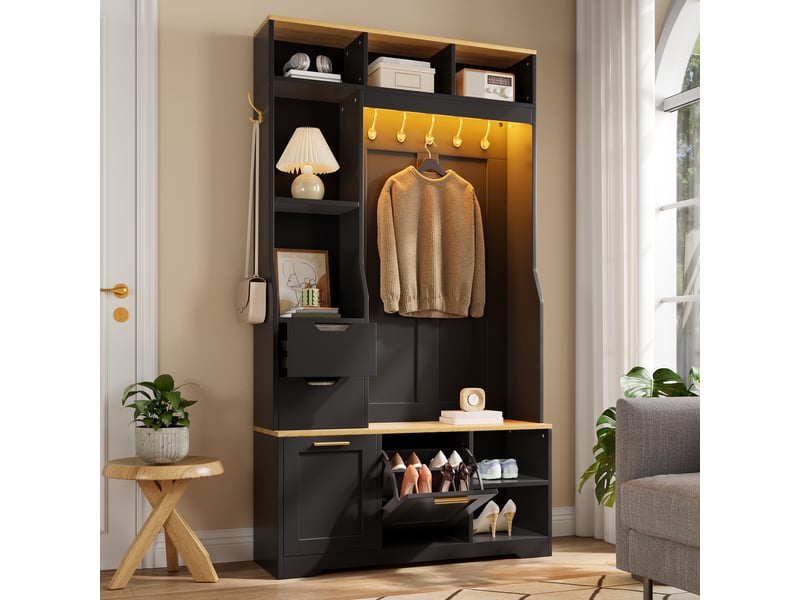 Meuble d'entrée 100 x 32 x 186 cm, banc, 5 patères, 2 tiroirs, 2 abattants à chaussures, led par appli, mdf et panneaux de particules, noir ABC - Conforama E
