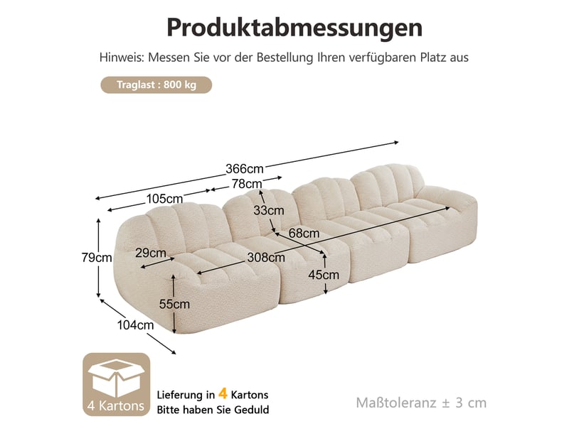  Canapé droit coquille 4 places bouclette beigeblanc – 366 x 104 x 79 cm Fay Lum - Conforama C