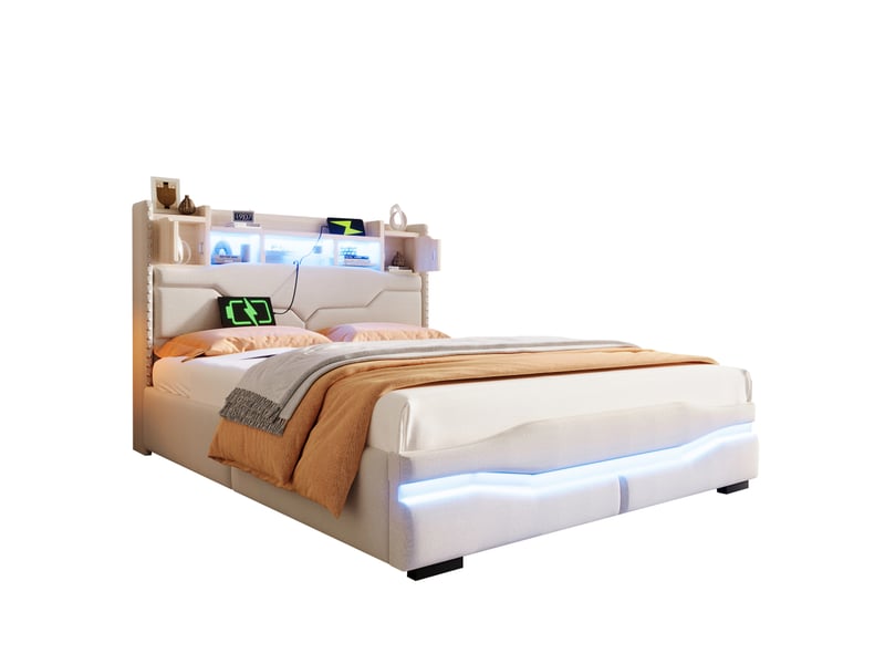  Lit rembourré, 140 x 200 cm, avec prise de chargement usb-c, éclairage d'ambiance sous le lit, tête de lit avec compartiment de rangement, lit coffre hydraulique, sans matelas, avec éclairage led, beige  - Conforama A