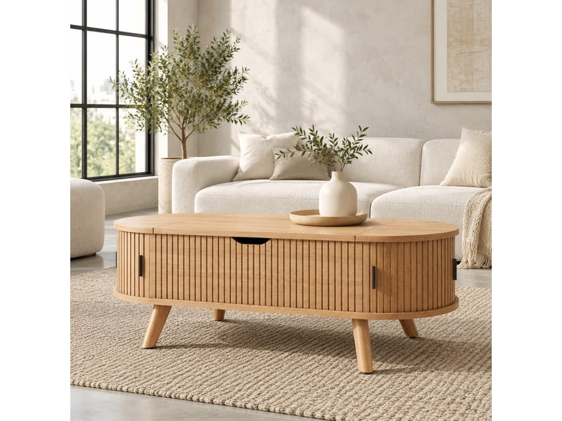 Table basse ovale 110x50x53.5 cm en mdf avec rangement, coloris naturel - Conforama B