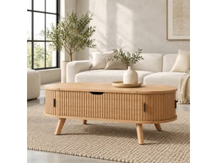 Table basse ovale 110x50x53.5 cm en mdf avec rangement, coloris naturel