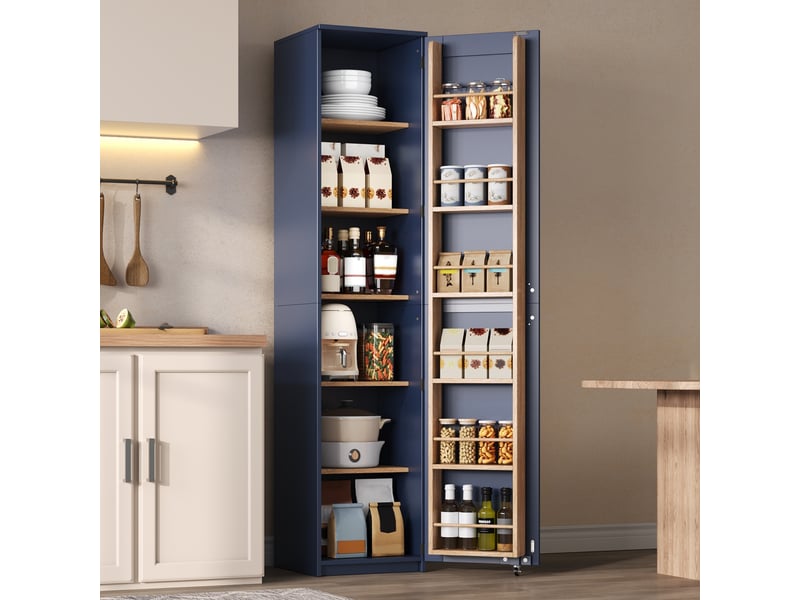  Armoire de cuisine haute bleue, meuble de rangement étroit 40x40 cm avec étagères réglables, hauteur 183 cm pour salon et salle de bain.  - Conforama C