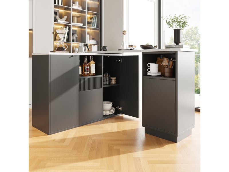  Table de bar pivotante à 360° avec plateau texture marbre, design moderne et épuré noir, îlot de cuisine modulable en l, 210x30x100.9 cm  - Conforama E