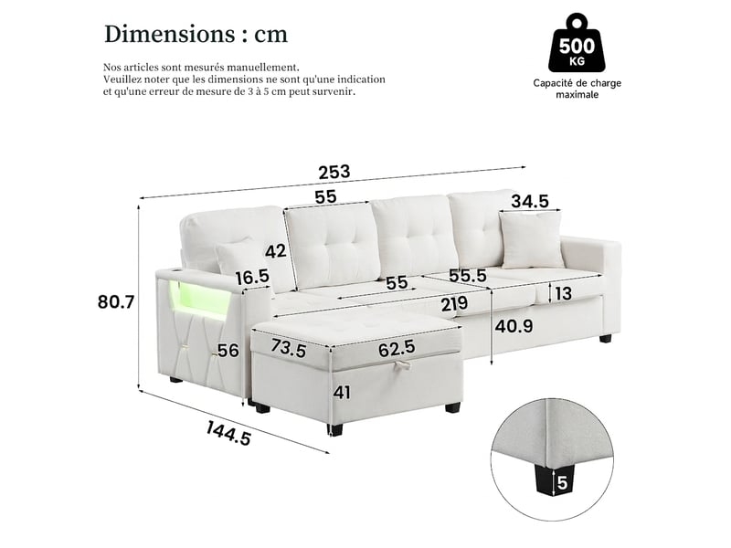 Canapé d'angle modulaire 4 places avec ports usb et usb-c intégrés 253 cm rangement et led - Conforama C