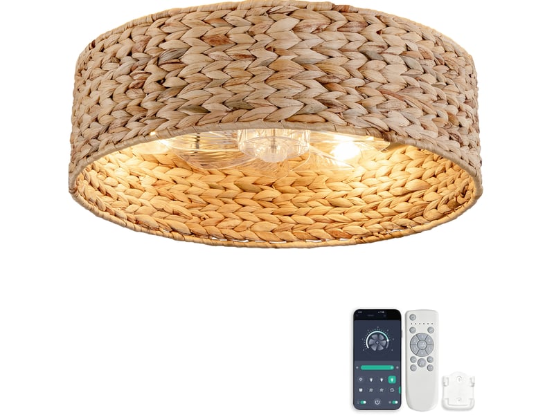  Ventilateur de plafond 50 cm en rotin et plastique cuivre, 6 vitesses, appli bluetooth et télécommande  - Conforama A