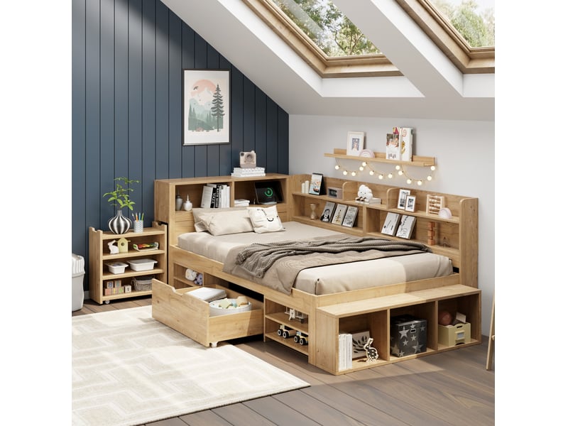  Modenvie lit enfant 90x200 cm - avec rangements, étagères et recharge sans fil - sans matelas - naturel  - Conforama D