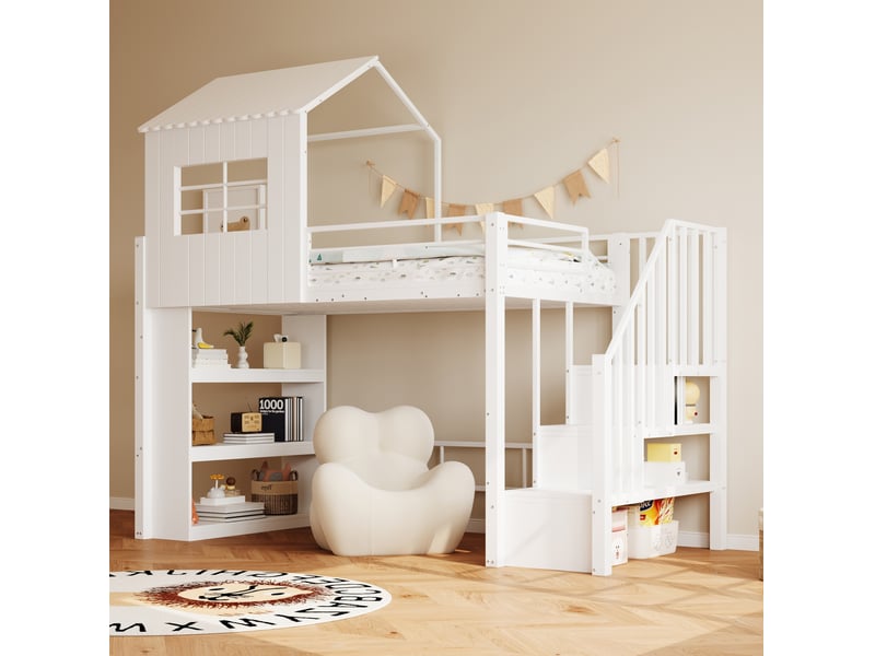  Lit mezzanine enfant 90x200 cm, forme maison, escalier réversible et rangements  - Conforama D