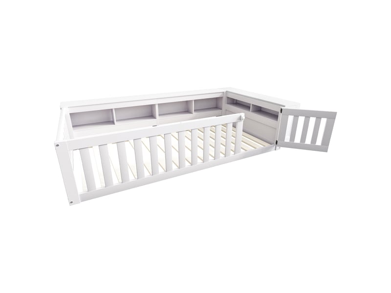  Lit enfant 90x200 cm, étagère, espace de rangement, garde-corps, sommier, bois blanc, sans matelas  - Conforama D