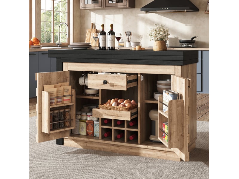  Desserte de cuisine pivotante avec 2 portes, tiroir et porte-bouteilles amovible, aspect bois 120 × 40 × 74,2 cm  - Conforama D