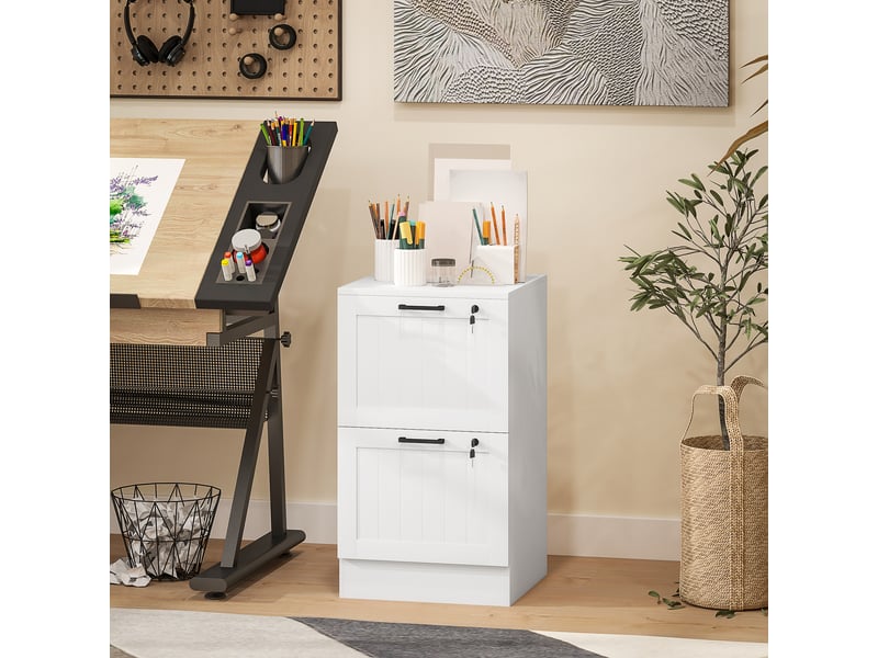  Caisson bureau, meuble rangement bois 2 tiroirs et serrure, barres de suspension réglables, 40 x 40 x 71 cm, blanc  - Conforama D