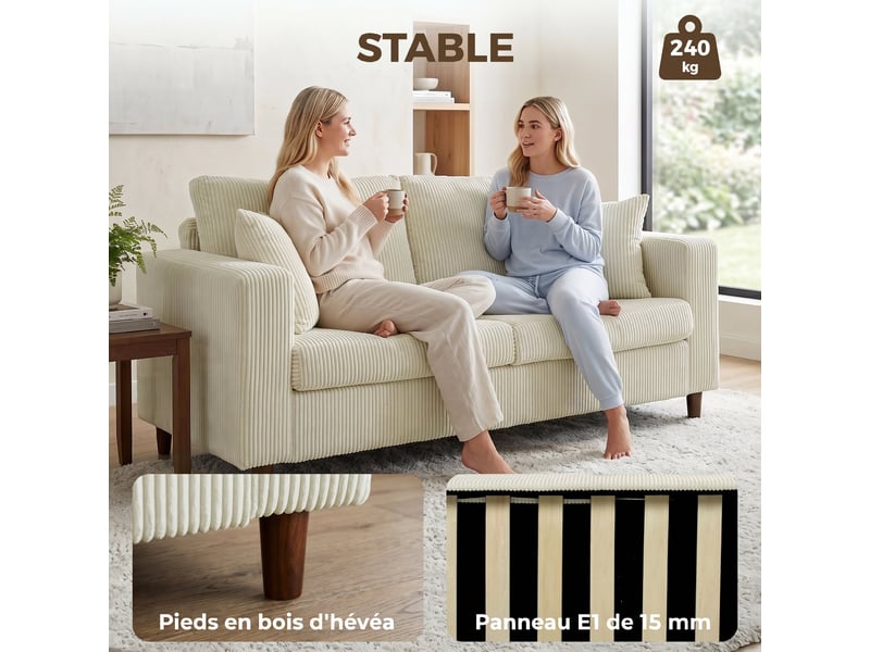  Canapé 2 places en velours côtelé, canapé de salon moderne 170 cm, assise large, crème, coussin à ressorts  - Conforama W