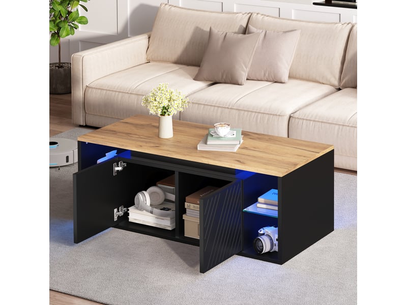 Table basse led avec 2 portes et rangement semi-ouvert, en panneau de particules, pour salon, 100 × 50 × 41 cm - Conforama B
