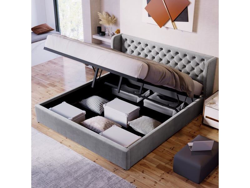 Lit double velours 160x200 gris - lit coffre avec sommier à lattes et tête de lit capitonnée - Conforama R