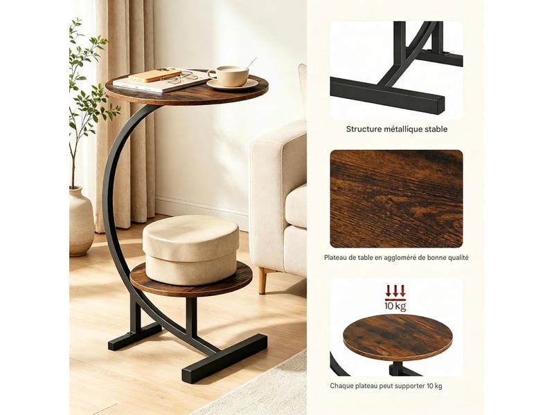  Table d'appoint ronde à 2 plateaux en mdf et métal coloris brun rustique T5828P569063 - Conforama D